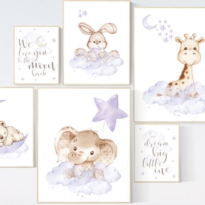 Nursery decor girl woodland, elephant, giraffe, bunny, bear, nursery decor girl purple, lilac nursery decor, purple nursery, girl nursery