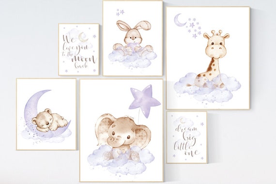 Nursery decor girl woodland, elephant, giraffe, bunny, bear, nursery decor girl purple, lilac nursery decor, purple nursery, girl nursery