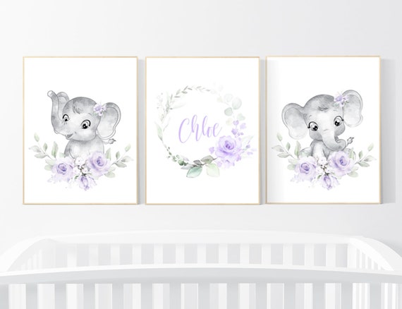 Purple teal nursery, Boho baby room, nursery wall art elephant, nursery decor girl, nursery decor girl floral, lilac nursery decor, lavender