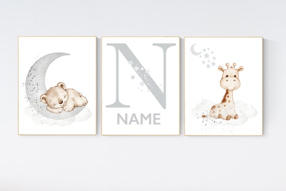 Nursery wall art animals, gray nursery, gender neutral nursery, neutral nursery, baby room decor, bear, giraffe, animal prints, name nursery