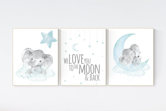 We love you to the moon and back, Elephant nursery art, elephant nursery print, aqua nursery decor, gender neutral, moon and stars