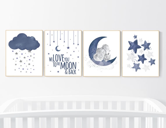 Nursery decor boy elephant, navy nursery decor, we love you to the moon and back, moon and stars, navy blue nursery art, elephant nursery