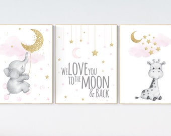 Giraffe & Elephant Nursery Print Set: Pink and Gold Baby Room Decor