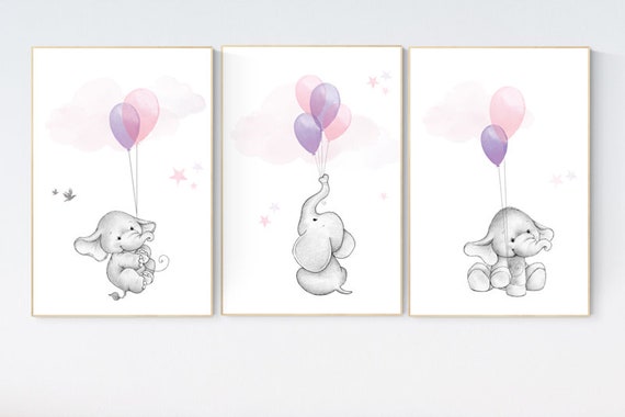 Nursery decor girl, elephant balloon print, pink, purple, elephant wall art, girl nursery wall art, Elephant Nursery Prints, lavender, lilac
