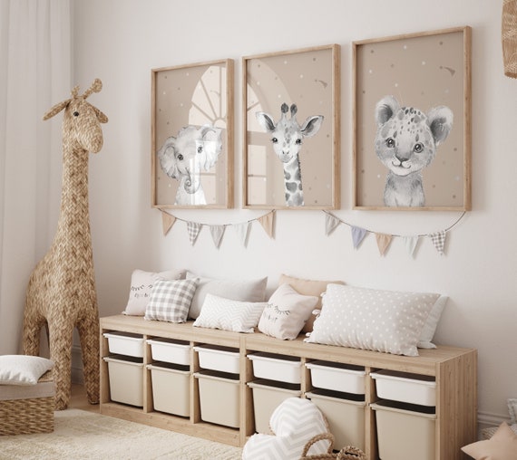 Nursery decor elephant and giraffe, animal nursery prints, grey nursery, neutral nursery, baby room wall art, woodland animals, gray nursery