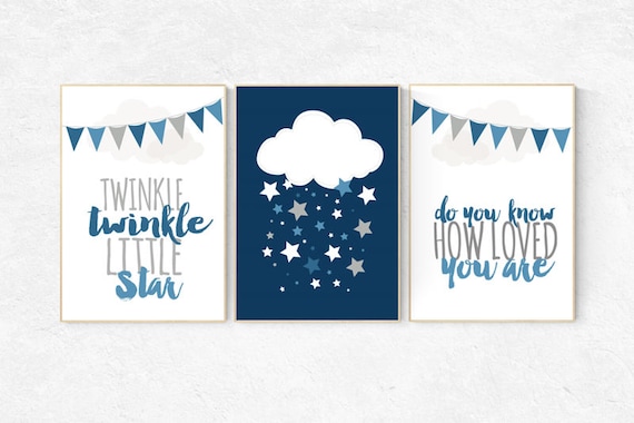 Twinkle Twinkle Little Star, cloud nursery art, Baby boy nursery decor, navy gray nursery, boys room wall art, baby room prints, set of 3