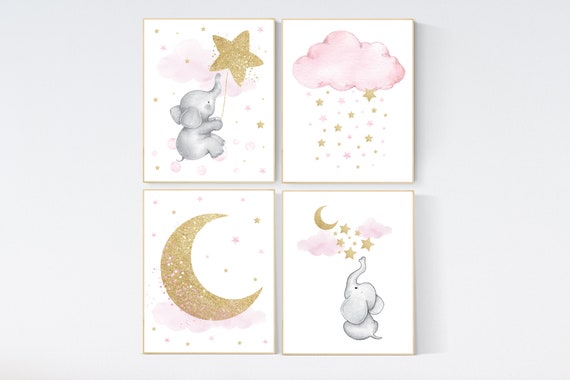 Nursery decor girl elephant, pink and gold nursery, we love you to the moon and back, pink nursery art, cloud and stars, baby room decor