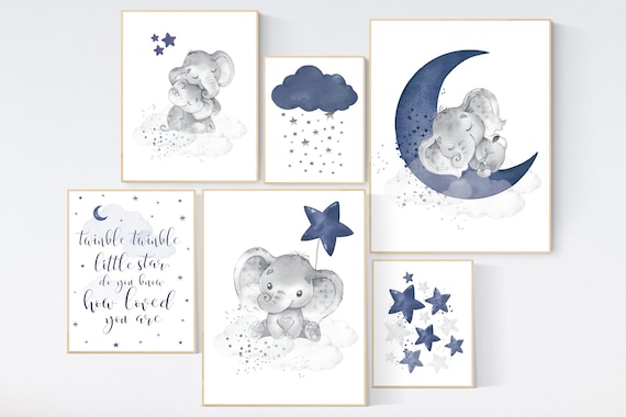 Nursery decor boy elephant, navy nursery wall art, cloud, stars, boy nursery wall decor, twinkle twinkle little star, boys room wall art