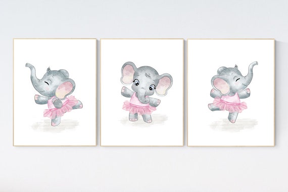 Ballerina elephant, baby room decor girl, Elephant nursery art, nursery prints girl, elephant nursery print, pink and gray, ballet theme