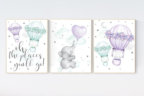 Nursery decor girl elephant, nursery decor girl purple, hot air balloon, purple mint, lavender, nursery decor girl lila, lilac mint, aqua