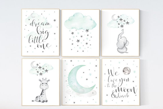 Mint nursery decor, gender neutral nursery, nursery decor elephant, giraffe, dream big little one, moon and star nursery, mint green nursery