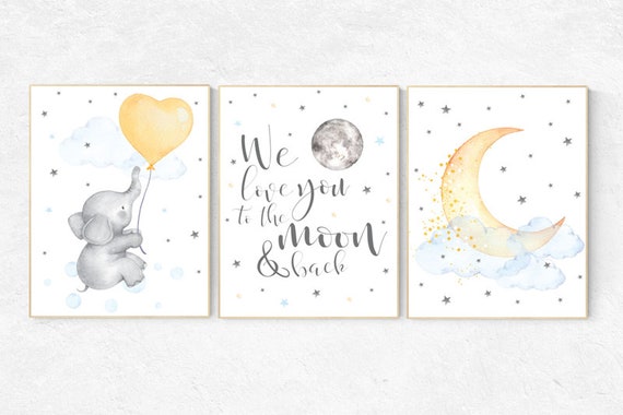 Nursery wall art elephant, nursery decor neutral, moon and back, cloud and stars, moon nursery decor, gender neutral, baby room decor