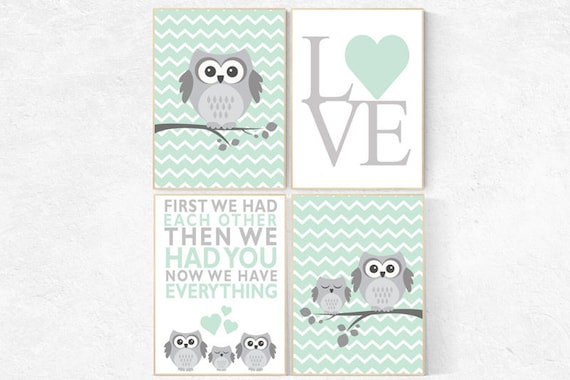 Owl nursery wall art, mint nursery decor, first we had each other then we had you, mint gray, owl nursery, gender neutral, baby room art