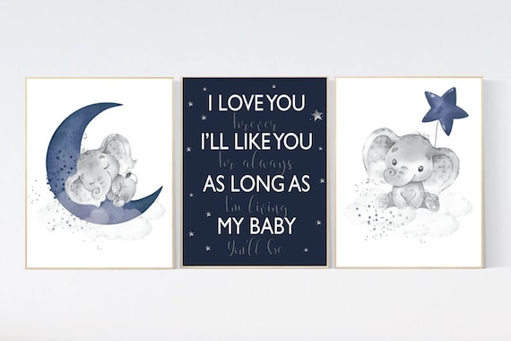 Nursery decor boy, nursery wall art elephant, navy nursery decor,, moon and stars, navy blue nursery art, baby room art, elephant nursery