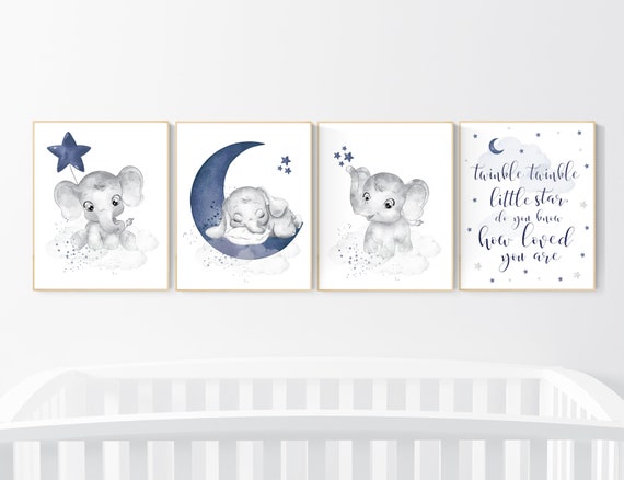 Nursery decor boy elephant, navy nursery decor, moon and stars, navy blue nursery art, elephant, boy nursery, twinkle twinkle little star