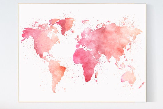 Pink World Map, watercolor map, baby girl nursery, pink watercolor world map wall art, gift, baby nursery room decor, gift, pastel colors