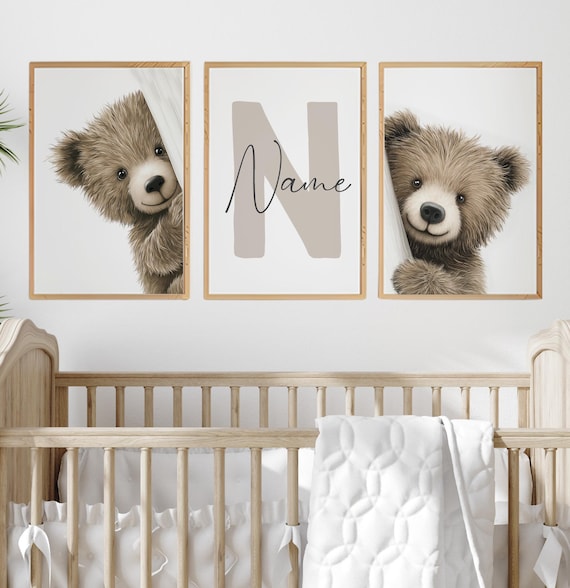 Peek a Boo Bear Nursery Wall Art Set of 3, Neutral Woodland Bear Prints