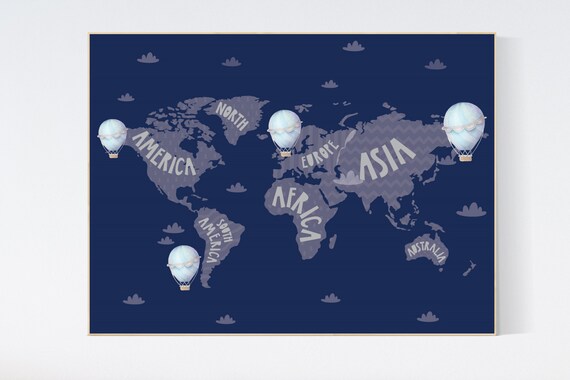 World map nursery, World map wall art, nursery decor boy, navy nursery, kids room, nursery wall art map, map print world, map nursery