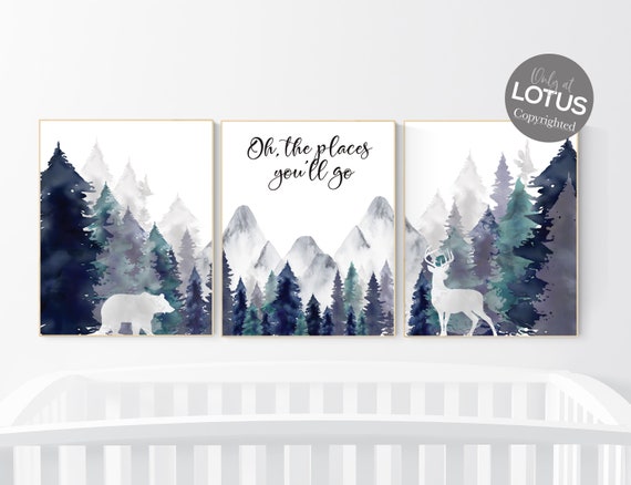 Woodland Nursery Art Prints: Navy Teal Mountain Adventure Theme