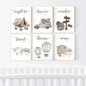 Travel nursery print, Explore nursery wall art, Baby boy nursery, Adventure Set of 6 prints, Camping Prints, Adventure Nursery Decor