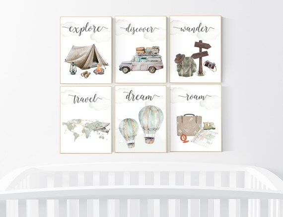 Travel nursery print, Explore nursery wall art, Baby boy nursery, Adventure Set of 6 prints, Camping Prints, Adventure Nursery Decor