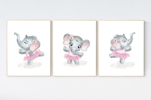 Elephant nursery art, ballerina elephant, baby room decor girl, nursery prints girl, elephant nursery print, pink and gray, ballet theme