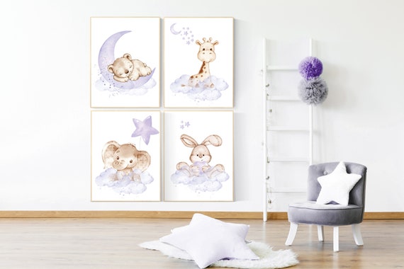 Nursery decor girl purple, woodland nursery, lilac, elephant, bear, giraffe, bunny, animal nursery, lilac nursery, animal nursery prints