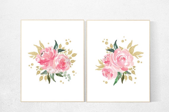 Nursery decor girl pink roses, nursery decor pink and gold, nursery decor girl flower, girls room decor flowers, pink and gold floral