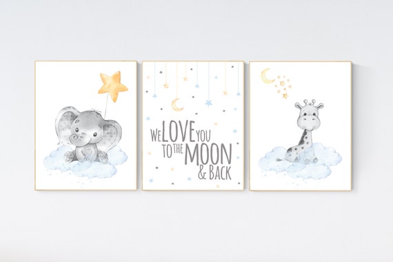 Nursery wall art elephant, neutral nursery, Gender neutral nursery, we love you to the moon and back, Baby wall decor, baby room decor, moon