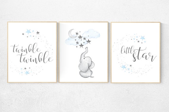 Nursery decor Elephant nursery, twinkle twinkle little star, cloud nursery decor, nursery decor boy, elephant, moon and stars, blue and gray