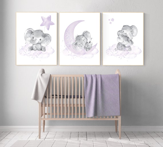 Lilac nursery decor, Nursery decor girl lavender, nursery decor elephant girl, moon and stars, lavender, star nursery lilac nursery decor