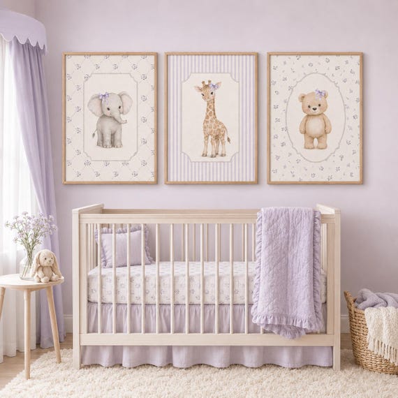 Purple Nursery Wall Art Set of 3, Elephant Giraffe Bear Prints, Lilac Baby Girl