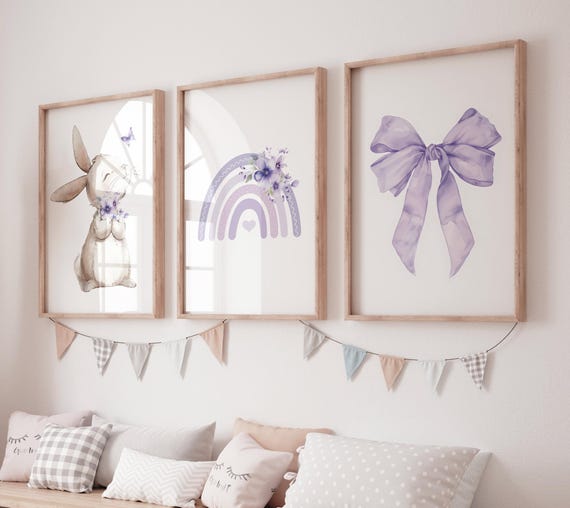 Purple Nursery Wall Art Set of 3, Bunny Print, Purple Bow