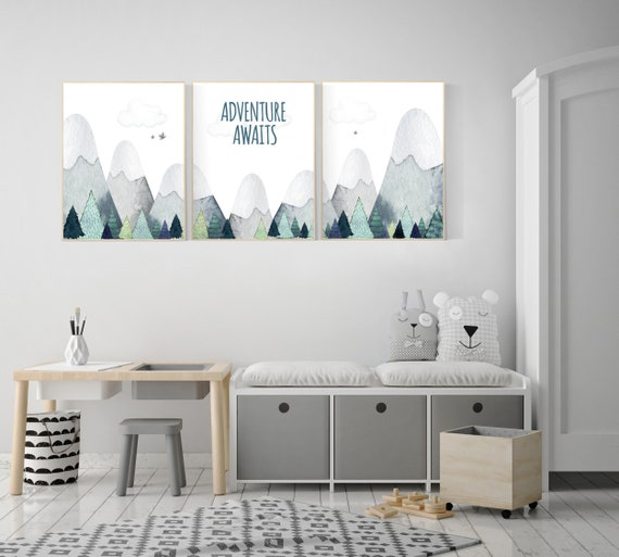 Nursery decor boy mountain, adventure nursery, adventure theme nursery, woodland, gender neutral, adventure awaits, mountains nursery forest