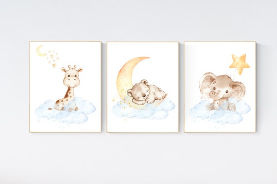 Nursery prints animals, nursery decor animals, gender neutral nursery ideas, yellow blue, elephant and giraffe, bear, baby room decor