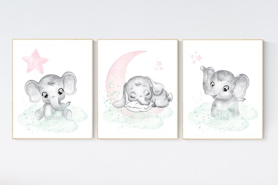 Nursery decor girl pink mint, Nursery wall art girl elephant, pink and mint, moon, stars, nursery prints, baby room decor, girl nursery