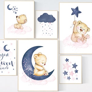 Nursery decor bear, pink navy, we love you to the moon and back, bear nursery decor, gender neutral, twin nursery wall decor, moon, stars