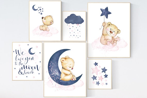 Nursery decor bear, pink navy, we love you to the moon and back, bear nursery decor, gender neutral, twin nursery wall decor, moon, stars