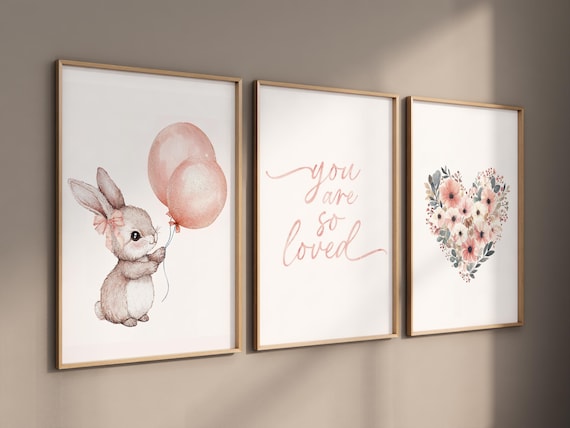 Blush pink bunny nursery art, watercolor rabbit print, "you are so loved" baby room decor, floral heart nursery print, pastel baby girl art