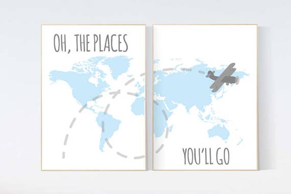 Oh the places you'll go, World Map wall art, world map nursery, Blue nursery decor, world map wall art, baby boy nursery, nursery decor boy