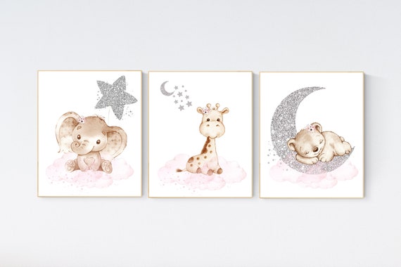 Animal nursery, nursery decor girl pink silver, nursery decor girl woodland animals, teddy bear, elephant, giraffe, baby girl nursery prints