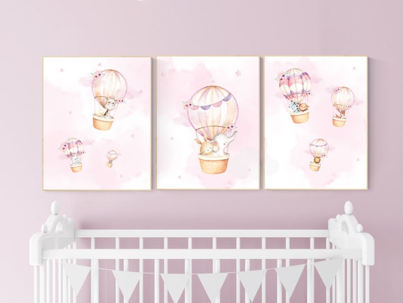 Nursery decor girl, hot air balloon nursery girls, animal nursery, hot air balloon art for nursery, pink nursery prints, girls room wall art