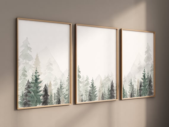 Nursery decor mountain, nursery wall art, tree nursery decor, adventure theme nursery, forest, sage green, beige, woodland animals