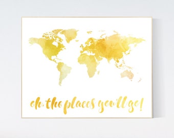 World map wall art, yellow world map, oh the places you'll go, watercolor map, nursery map wall art, mustard yellow nursery decor, world map