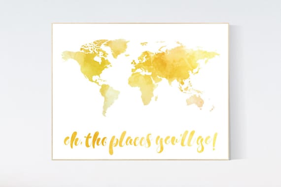 World map wall art, yellow world map, oh the places you'll go, watercolor map, nursery map wall art, mustard yellow nursery decor, world map