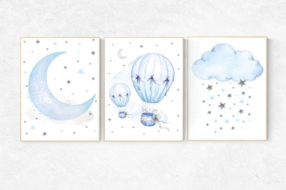 Nursery decor boy hot air balloon, hot air balloon nursery, boys room decor, nursery prints, blue and gray nursery