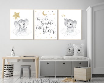 Nursery wall art grey, gray gold nursery, nursery decor neutral, elephant nursery, baby room decor gender neutral, nursery ideas neutral