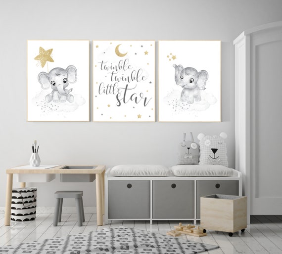 Nursery wall art grey, gray gold nursery, nursery decor neutral, elephant nursery, baby room decor gender neutral, nursery ideas neutral