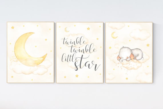 Nursery wall art elephant, Nursery decor neutral, gender neutral, twinkle twinkle little star, yellow nursery, cloud and stars, moon nursery