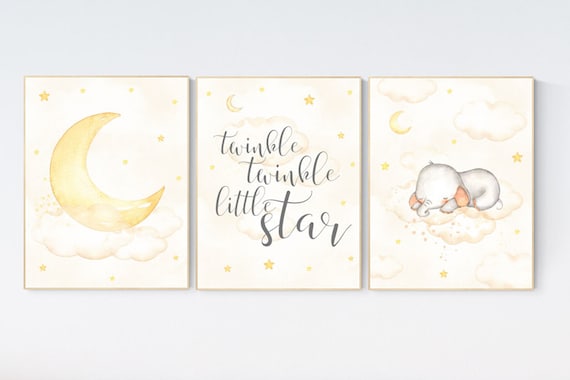 Nursery wall art elephant, Nursery decor neutral, gender neutral, twinkle twinkle little star, yellow nursery, cloud and stars, moon nursery